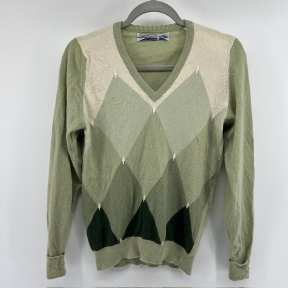 VTG Ballantyne of Peebles 100% Cashmere Argyle Sweater Womens S Green Scotland